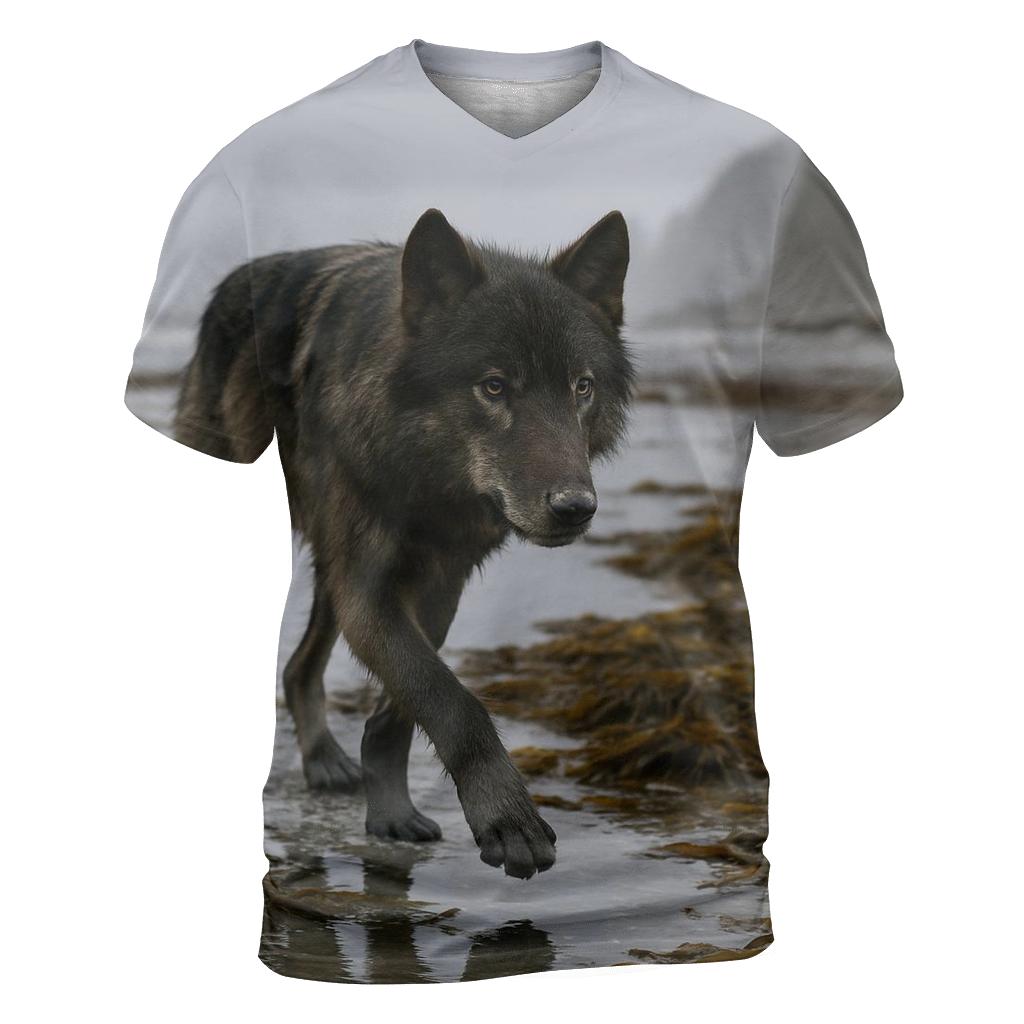 Coastal Wolf Foraging Among Kelp At Low Tide designer pattern shirts