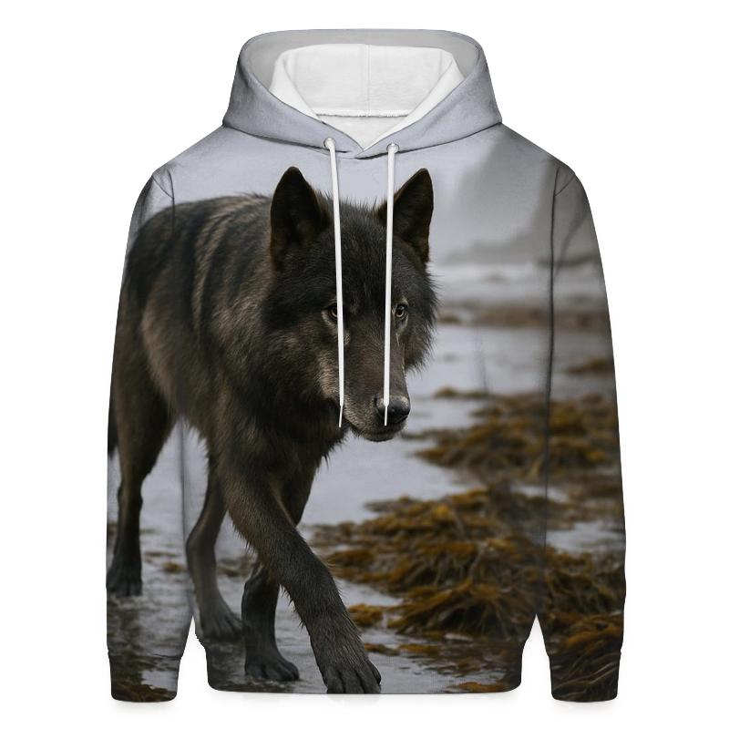 Coastal Wolf Foraging Among Kelp At Low Tide embroidered hoodies