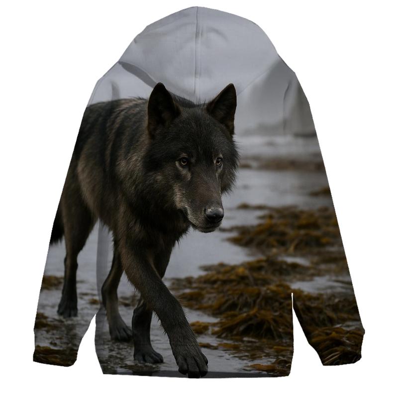 Coastal Wolf Foraging Among Kelp At Low Tide embroidered hoodies