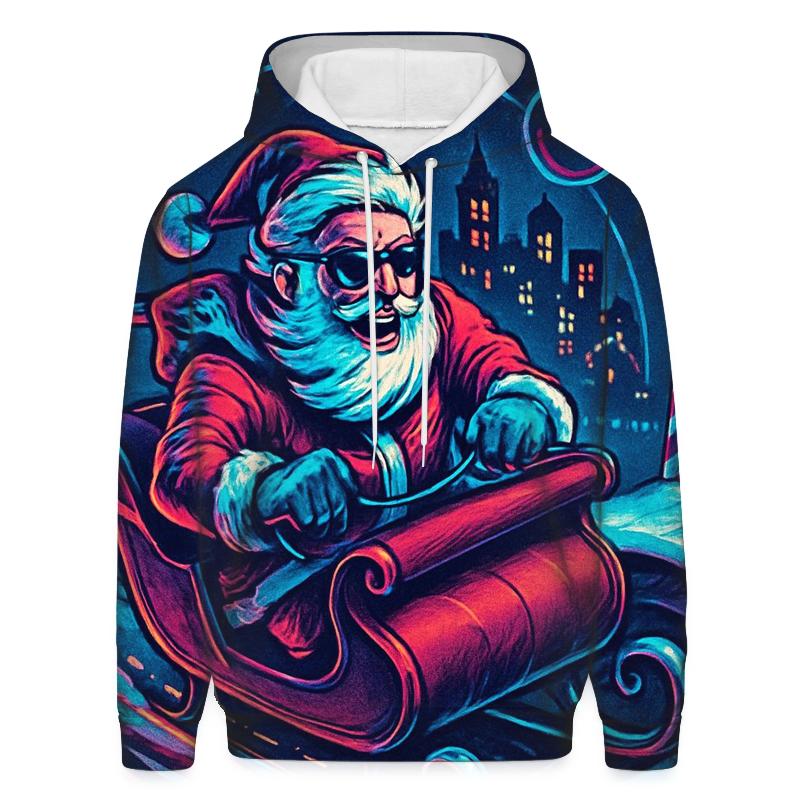 Neon Sleigh Drift Santa In Snowglobe City graphic hoodies