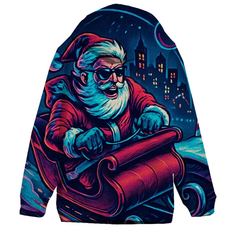 Neon Sleigh Drift Santa In Snowglobe City graphic hoodies