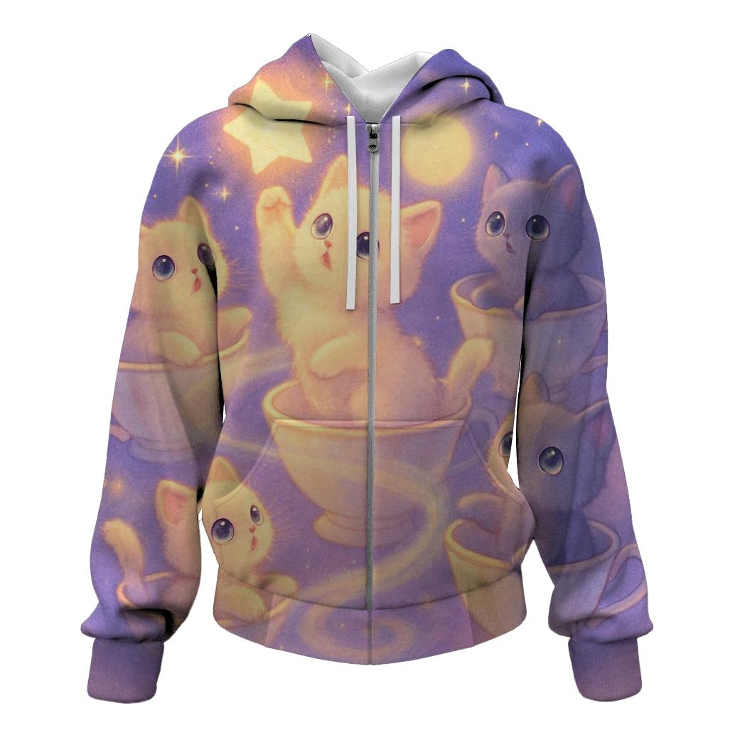 Moonlit Teacup Kitten Carousel zip-up hoodies