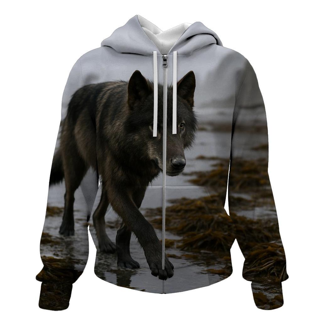 Coastal Wolf Foraging Among Kelp At Low Tide pullover hoodies