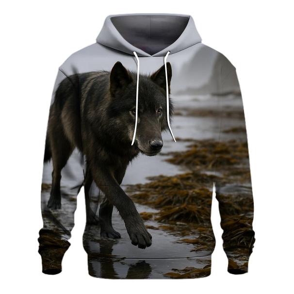 Coastal Wolf Foraging Among Kelp At Low Tide printed hoodies