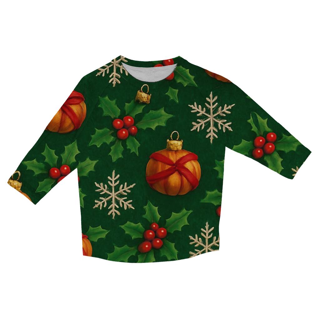 Holly Wrapped Pumpkin Ornament Tessellation On Deep Green Background casual three quarter sleeve shirts