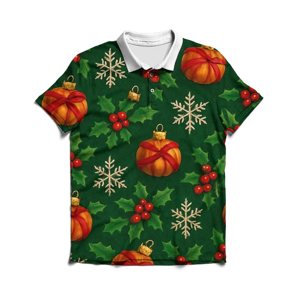 Holly Wrapped Pumpkin Ornament Tessellation On Deep Green Background classic pique polos