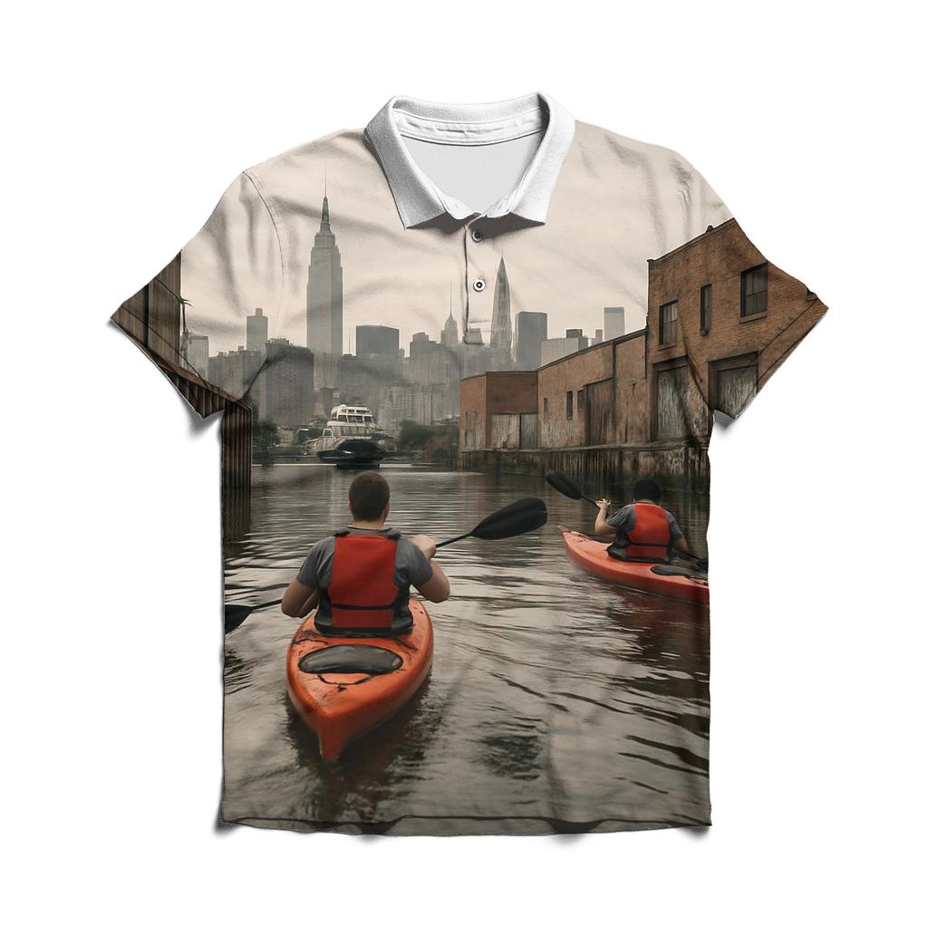 Newtown Creek Kayakers With Midtown Rising Beyond Industry branded logo polo shirts