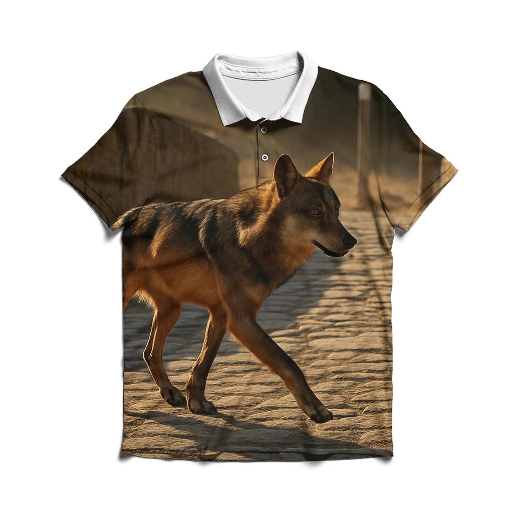 Iberian Wolf Crossing The Transhumance Trail branded logo polo shirts
