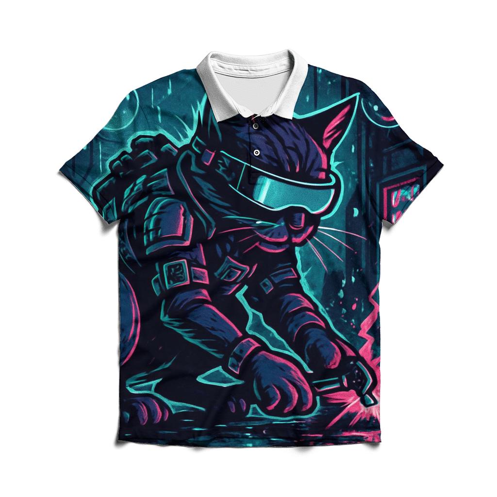 Neon Rain Alley Gearhead Cat premium cotton polo shirts