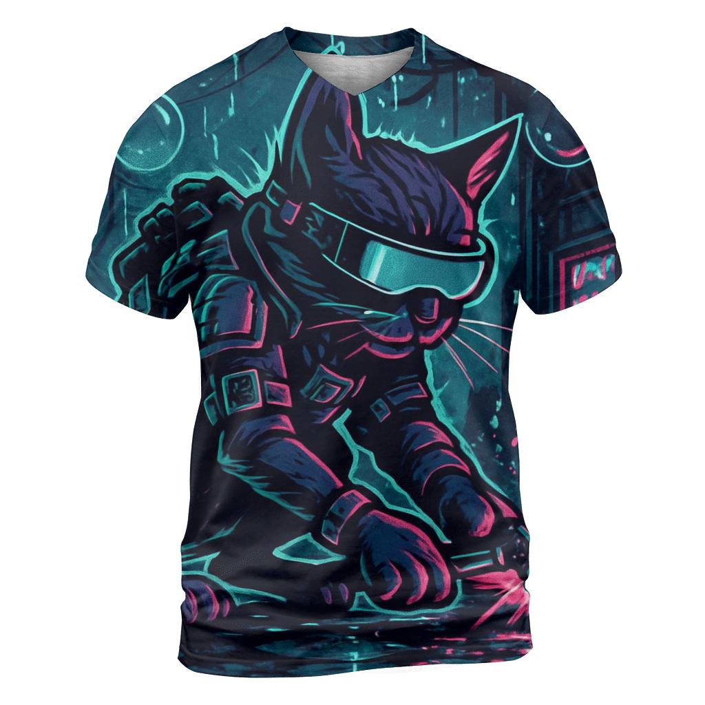 Neon Rain Alley Gearhead Cat artistic all-over print tops