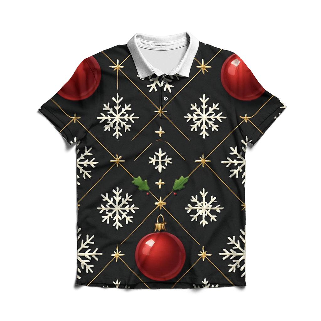 Crimson Ornament Snowflake Lattice On Midnight Black personalized polo shirts