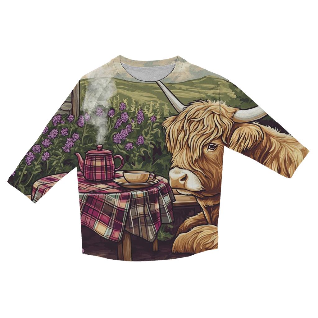 Tea Garden With Highland Cow Companion printed three quarter sleeve shirts