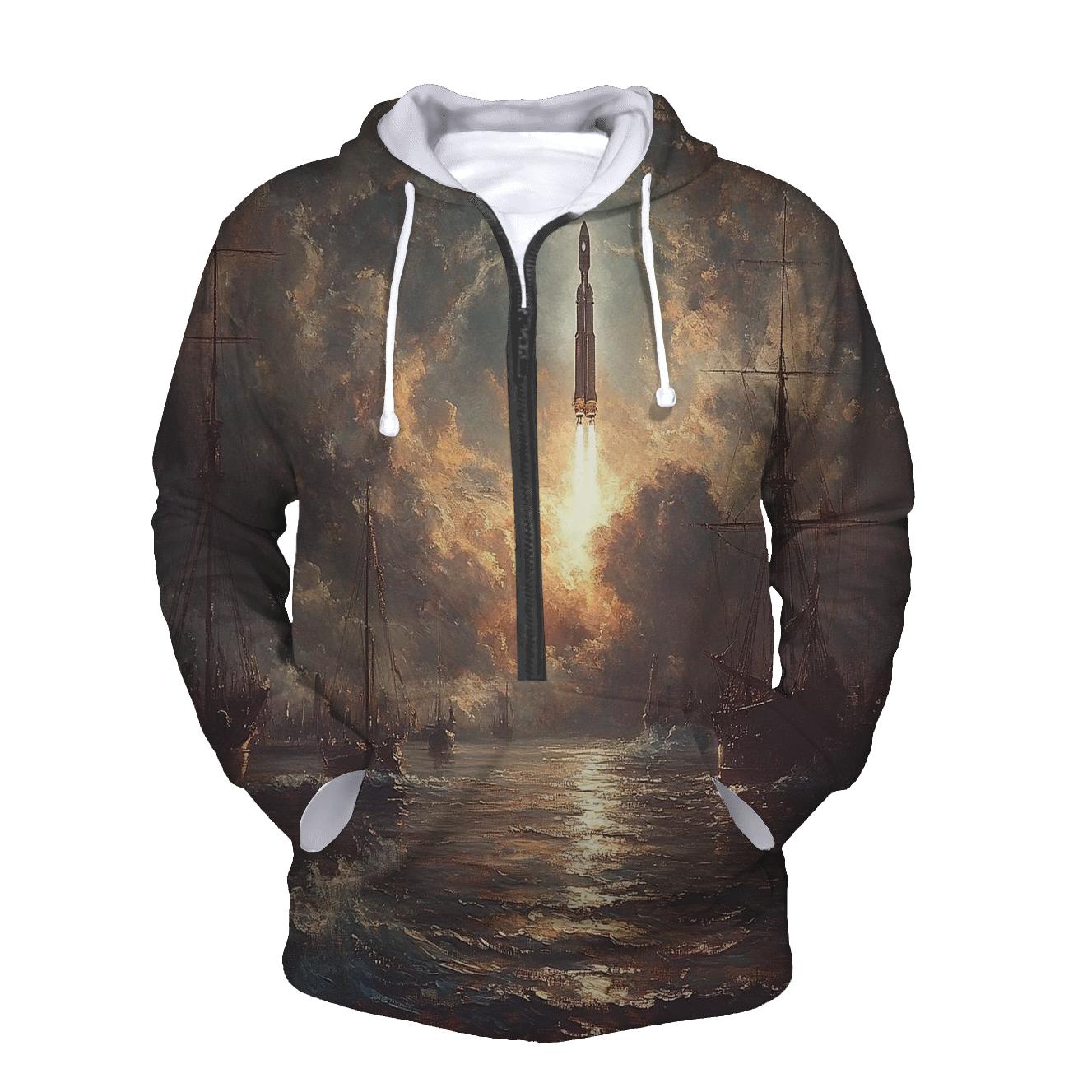 J M W Turner Inspired Storm Over Harbor Rockets embroidered hoodies