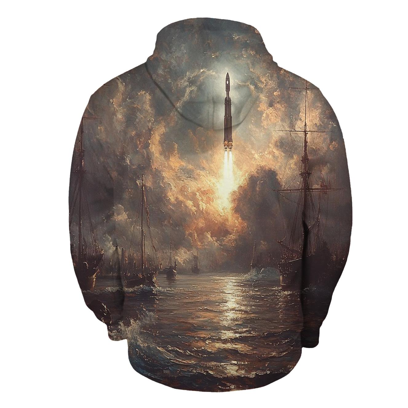 J M W Turner Inspired Storm Over Harbor Rockets embroidered hoodies