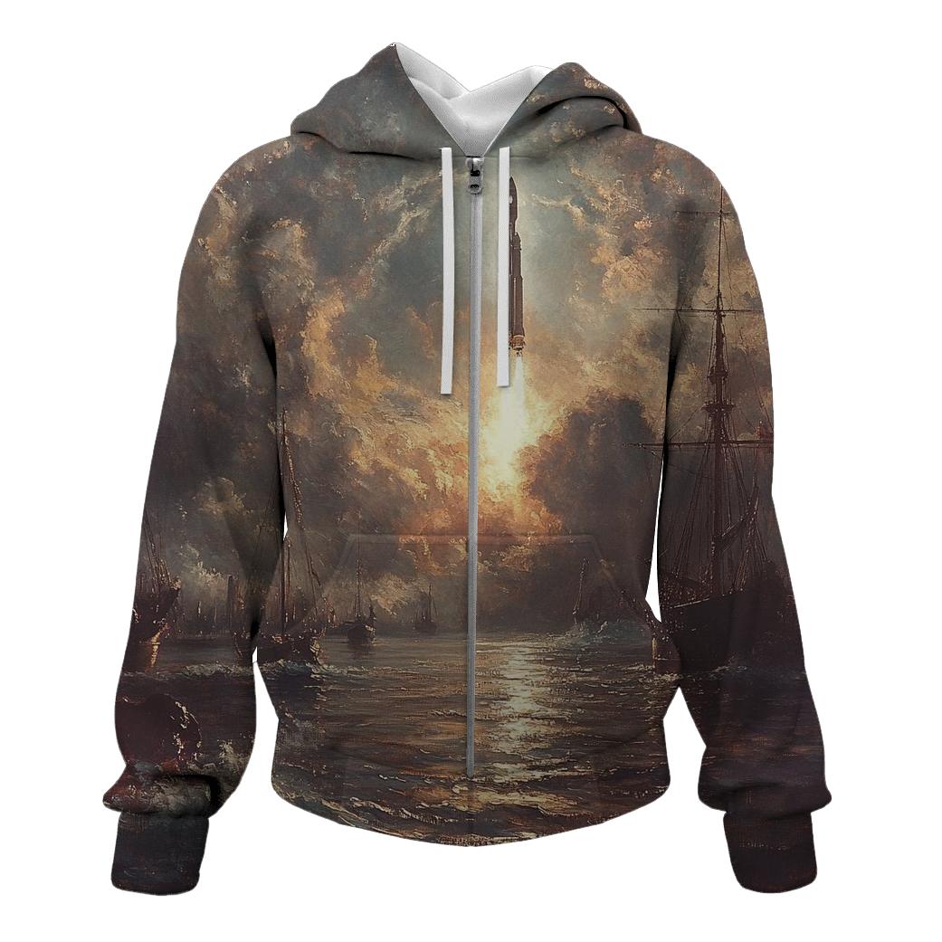 J M W Turner Inspired Storm Over Harbor Rockets premium hoodies