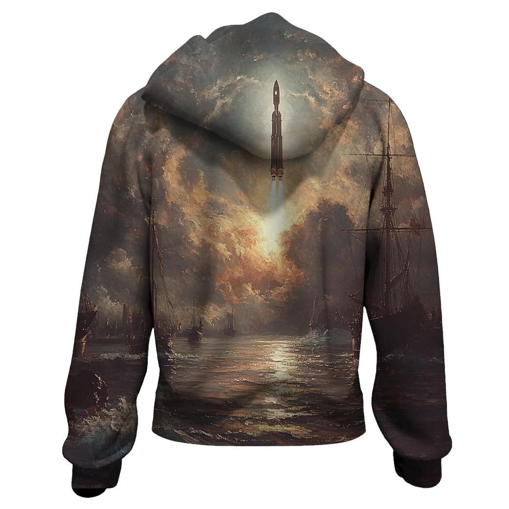 J M W Turner Inspired Storm Over Harbor Rockets premium hoodies