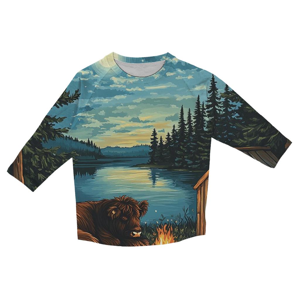 Highland Cow Moonlit Bothy Camp casual three quarter sleeve shirts
