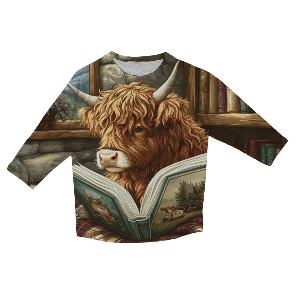 Highland Cow Quiet Library Nook printed three quarter sleeve shirts