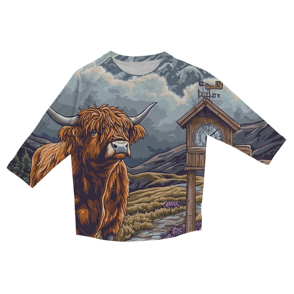 Highland Cow Mountain Weather Reader printed three quarter sleeve shirts