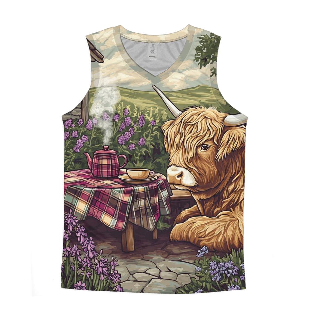 Tea Garden With Highland Cow Companion graphic print tank tops