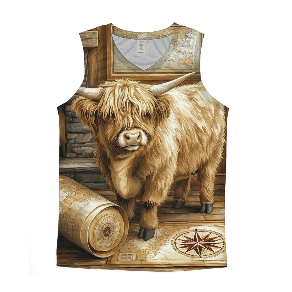 Highland Cow In Vintage Map Room custom tank tops