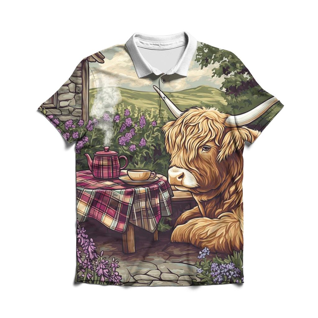 Tea Garden With Highland Cow Companion custom polo shirts