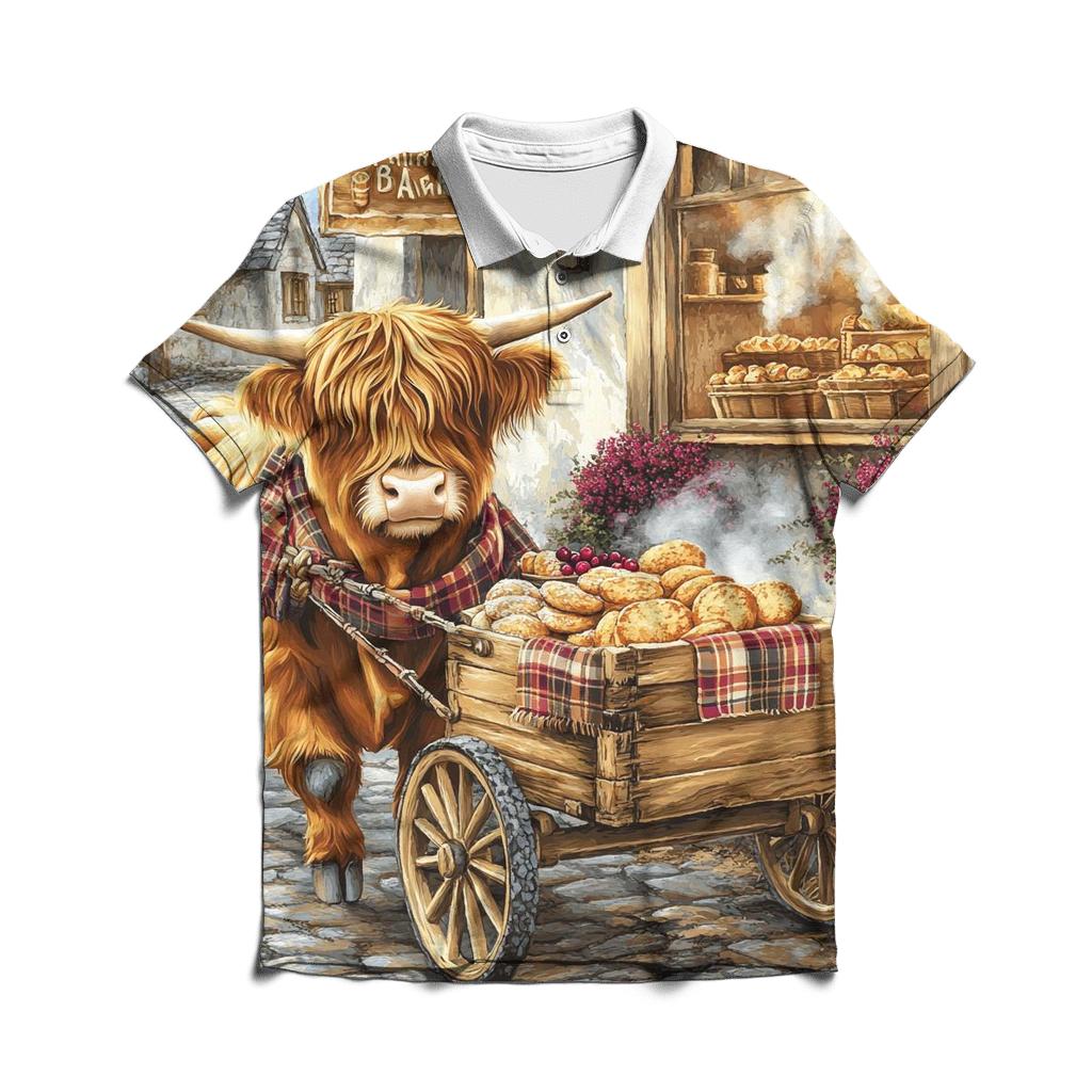 Highland Cow Bakery Morning Delivery branded logo polo shirts