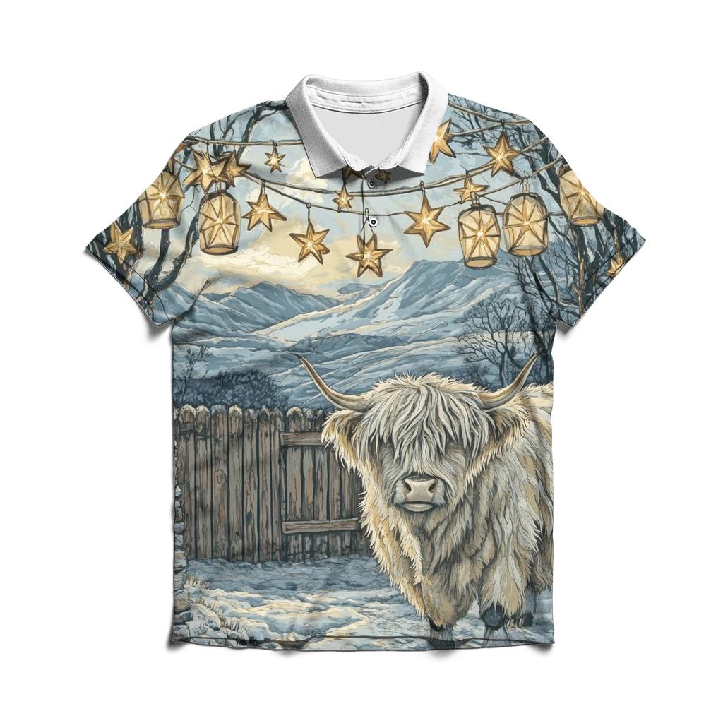 Highland Cow Under Winter Star Lanterns premium cotton polo shirts