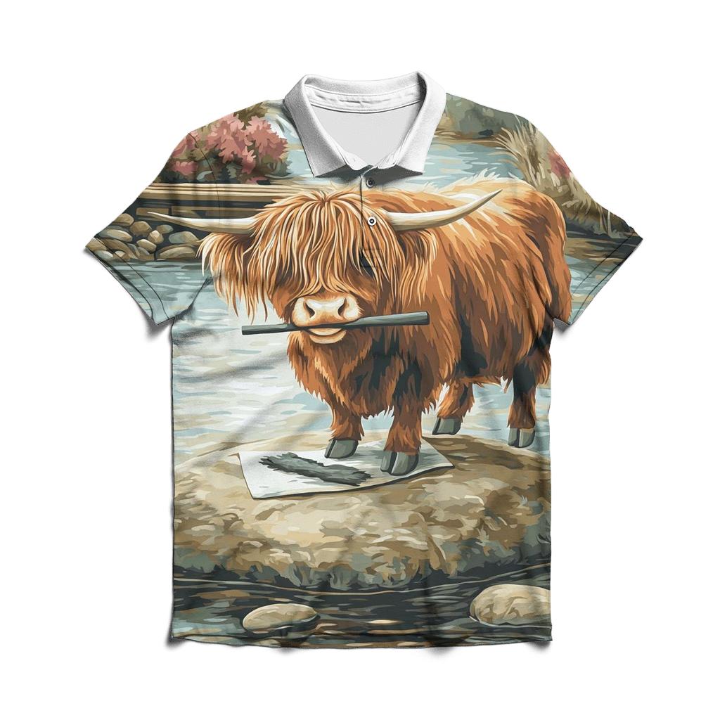 River Sketcher Highland Cow Portrait casual sports polo shirts