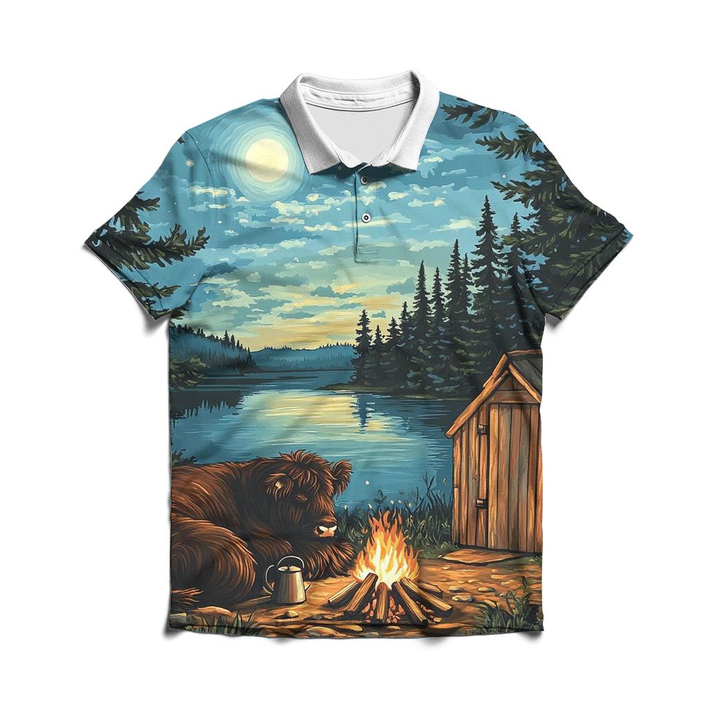 Highland Cow Moonlit Bothy Camp stylish collar polo tees