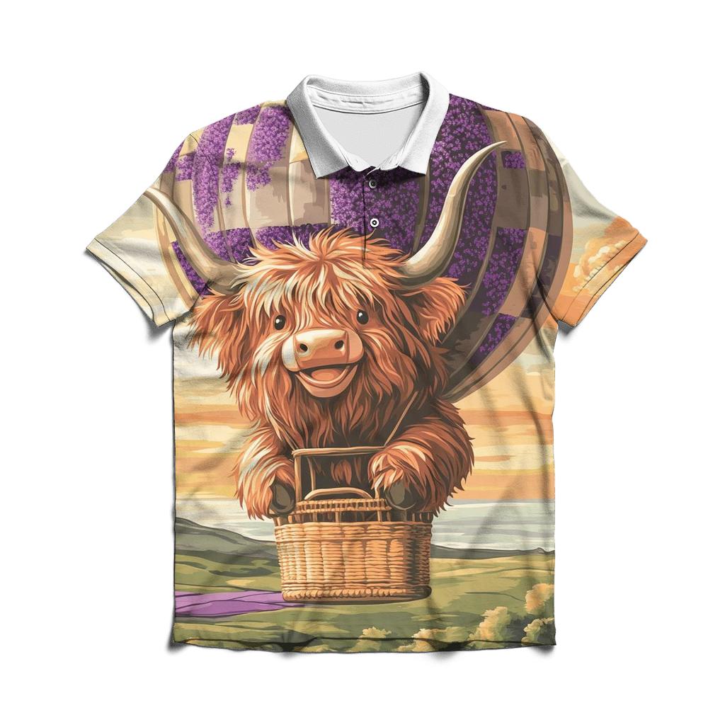 Highland Cow In Heather Hot Air Balloon embroidered polo tops