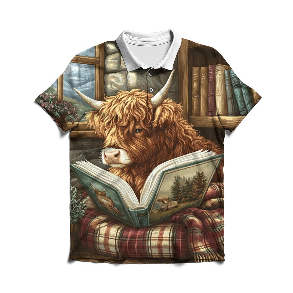 Highland Cow Quiet Library Nook custom polo shirts