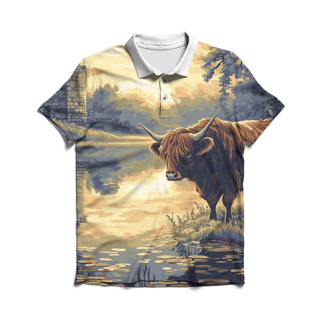 Loch Mirror Highland Cow Reflection designer slim fit polos
