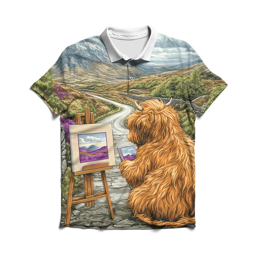 Highland Cow Postcard Painter branded logo polo shirts