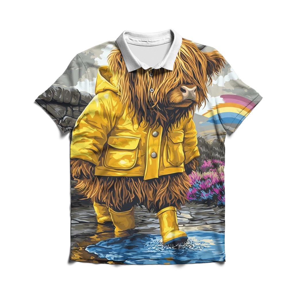 Highland Cow Raincoat And Puddle Walk stylish collar polo tees