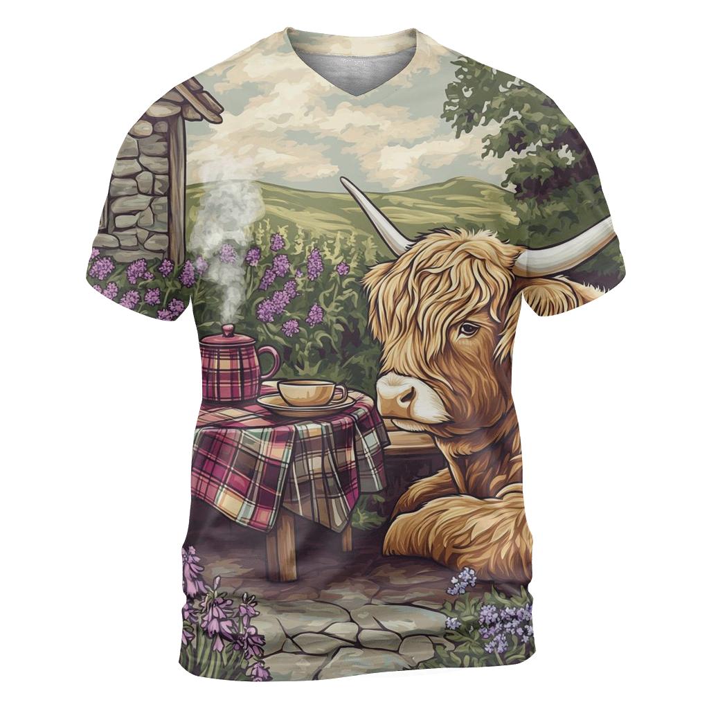 Tea Garden With Highland Cow Companion creative print fashion shirts