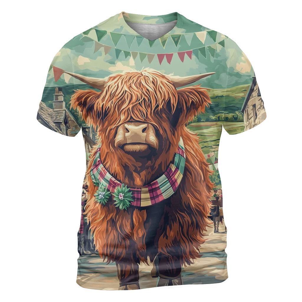 Aurora Painted Highland Cow Parade vibrant all-over design tees