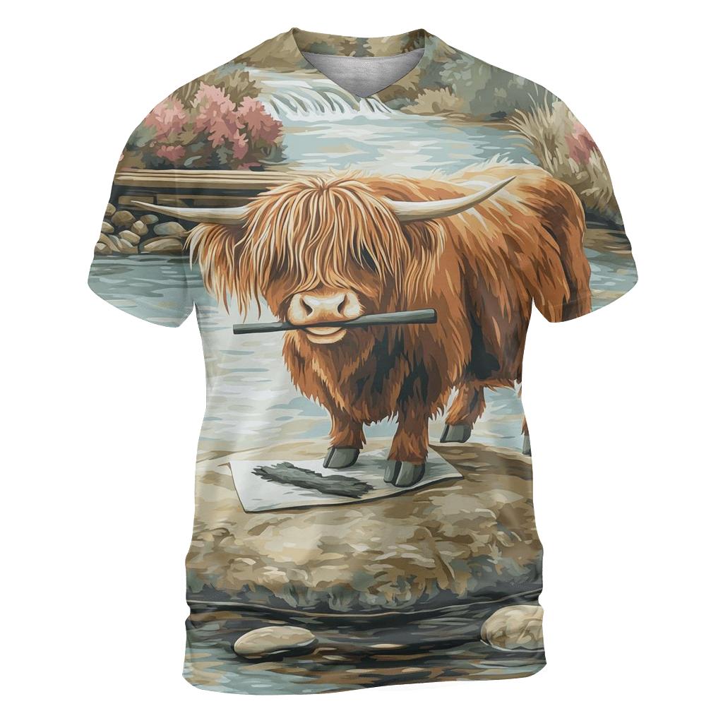 River Sketcher Highland Cow Portrait artistic all-over print tops