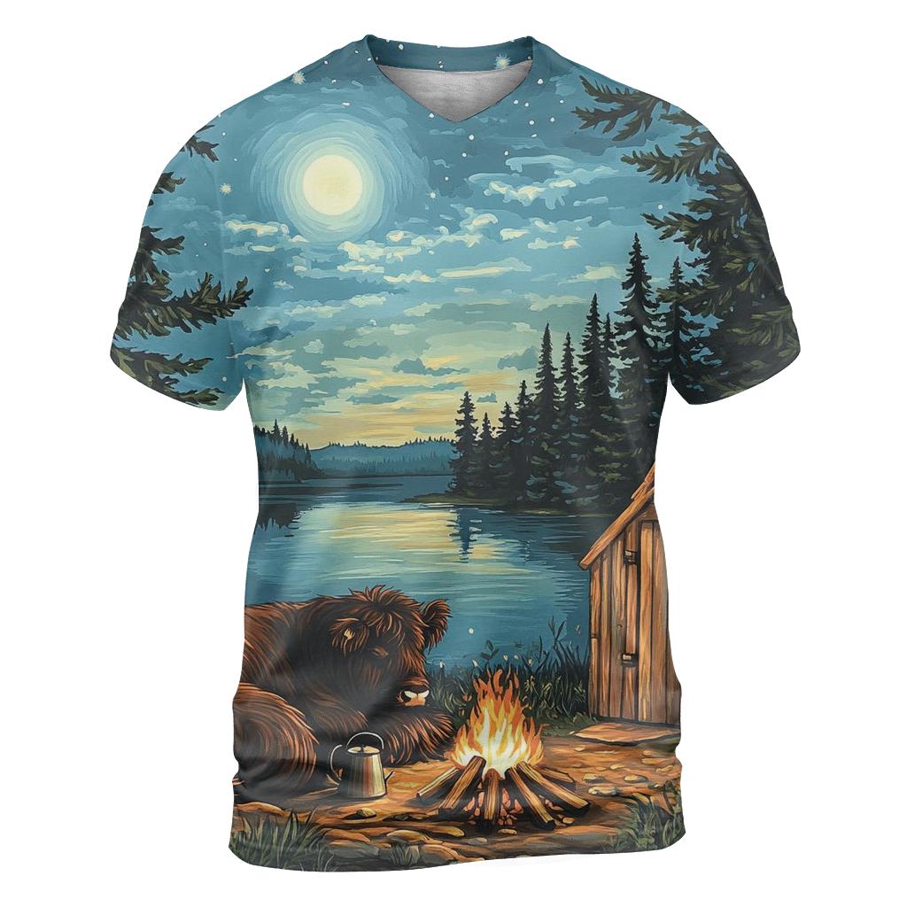 Highland Cow Moonlit Bothy Camp vibrant all-over design tees