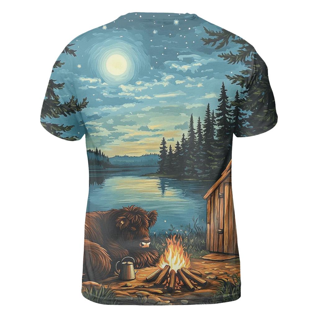 Highland Cow Moonlit Bothy Camp vibrant all-over design tees