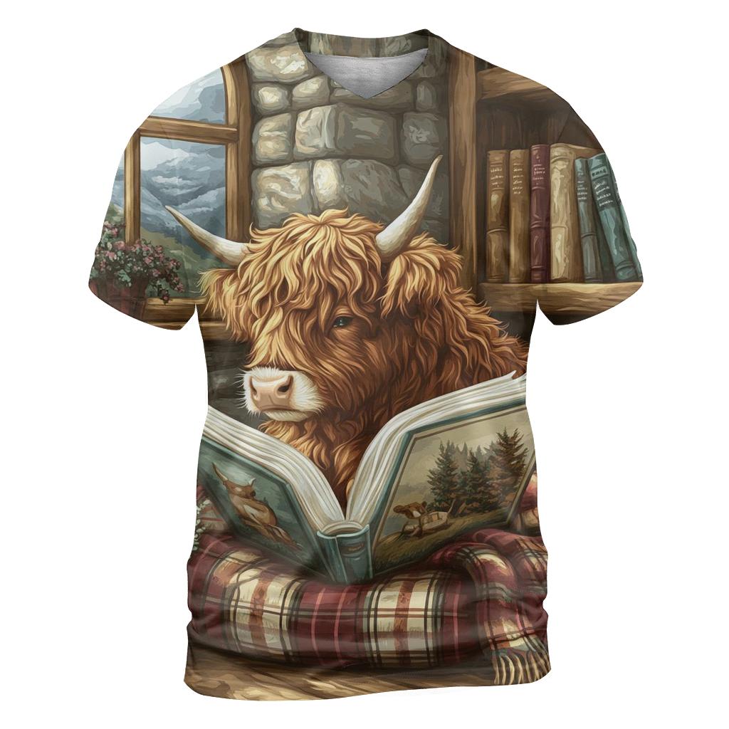 Highland Cow Quiet Library Nook vibrant all-over design tees