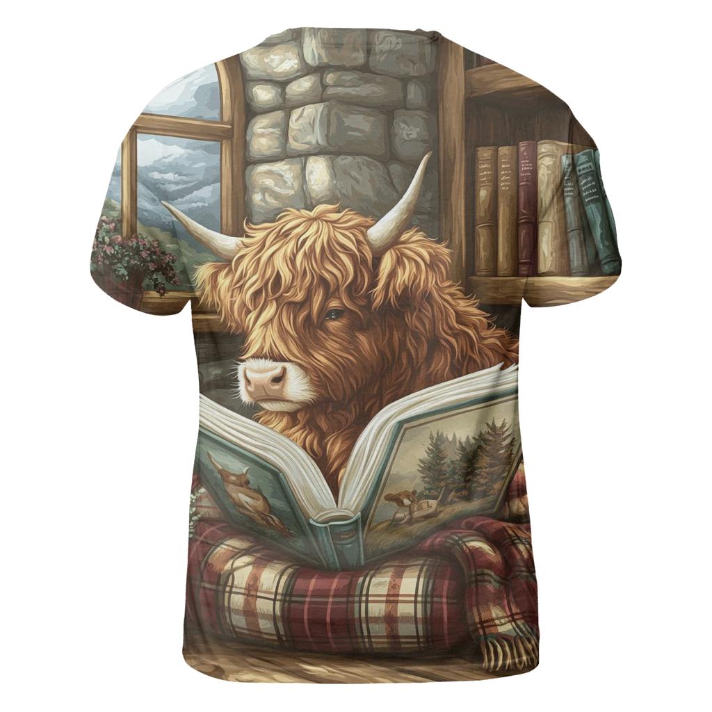 Highland Cow Quiet Library Nook vibrant all-over design tees