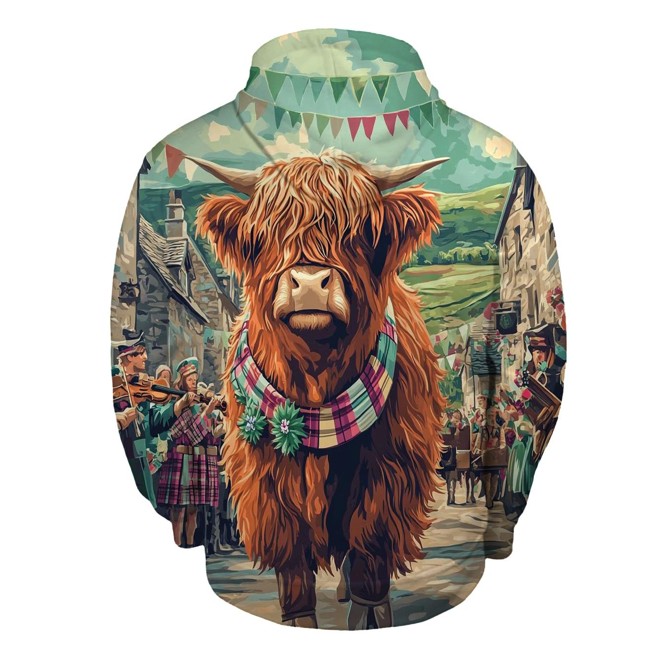 Aurora Painted Highland Cow Parade zip-up hoodies