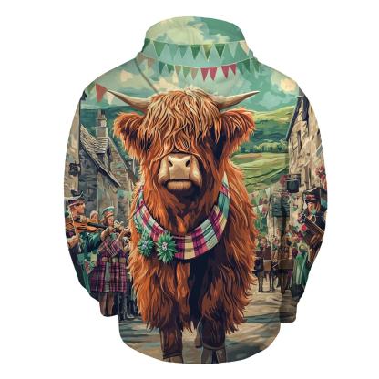 Aurora Painted Highland Cow Parade zip-up hoodies