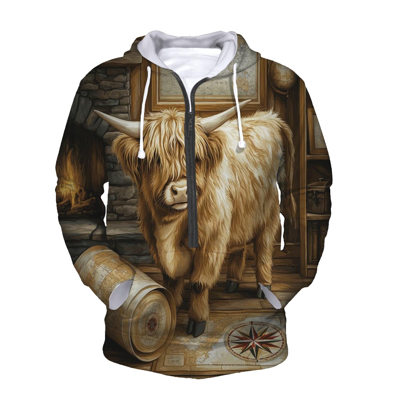 Highland Cow In Vintage Map Room pullover hoodies