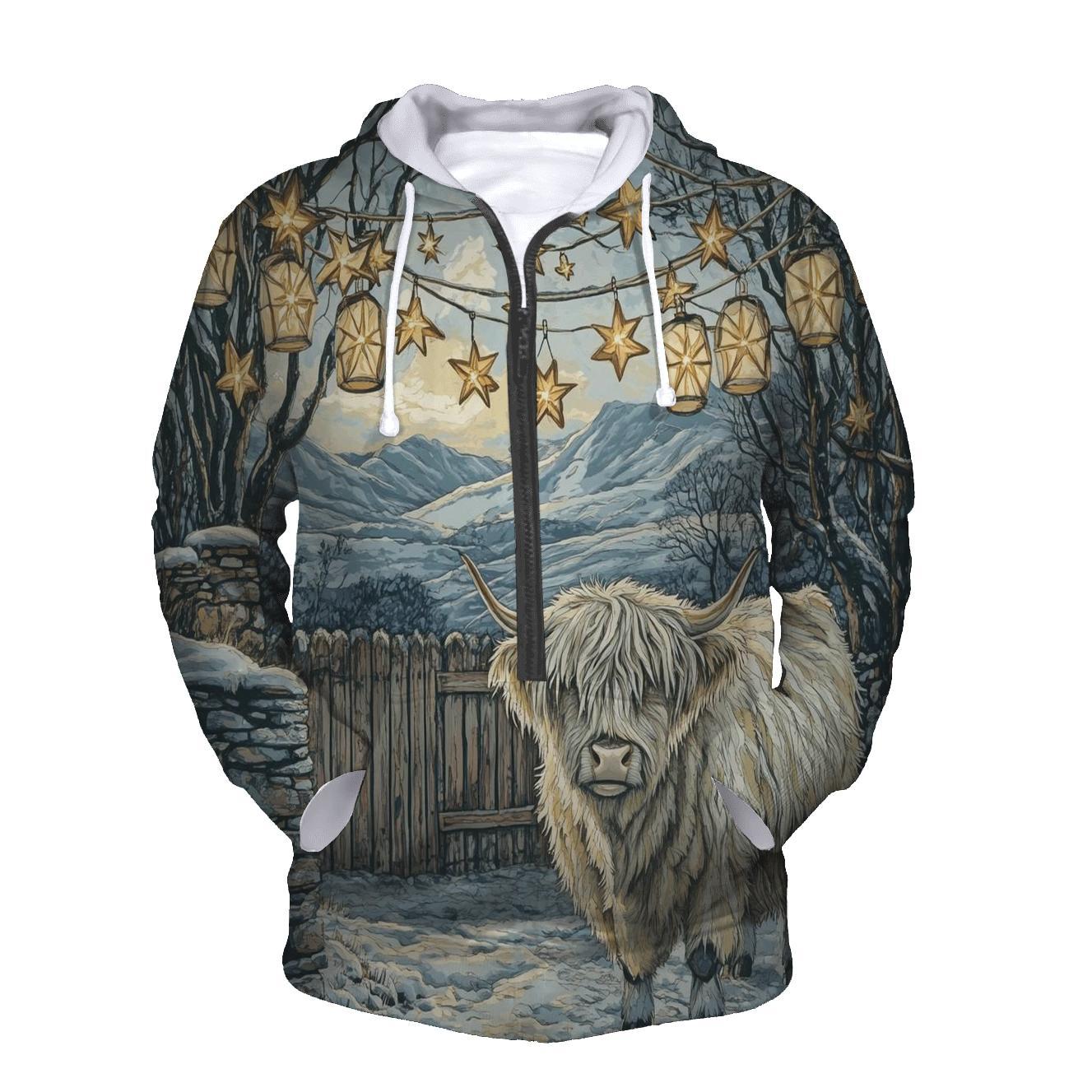 Highland Cow Under Winter Star Lanterns hoodie designs