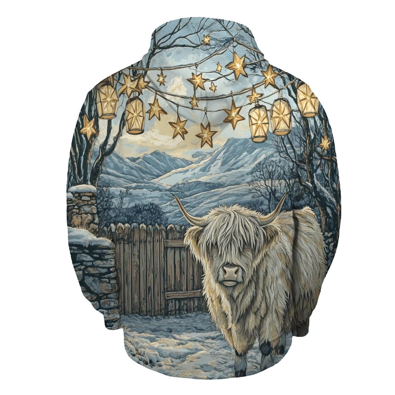 Highland Cow Under Winter Star Lanterns hoodie designs