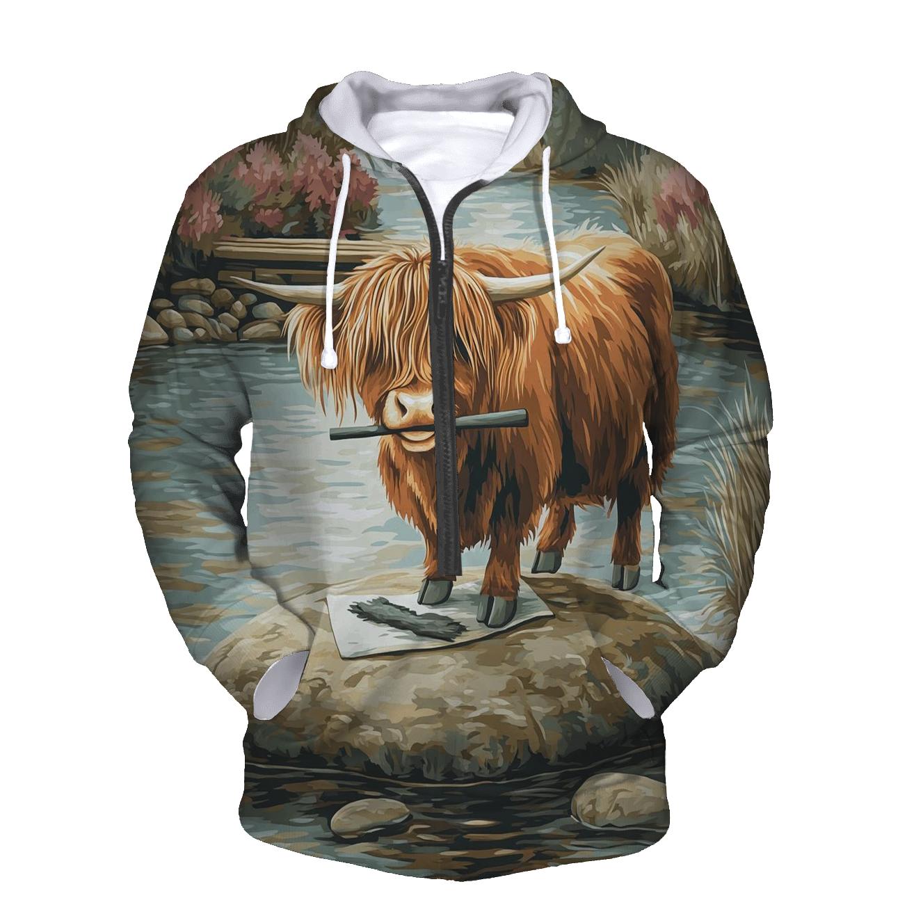 River Sketcher Highland Cow Portrait printed hoodies