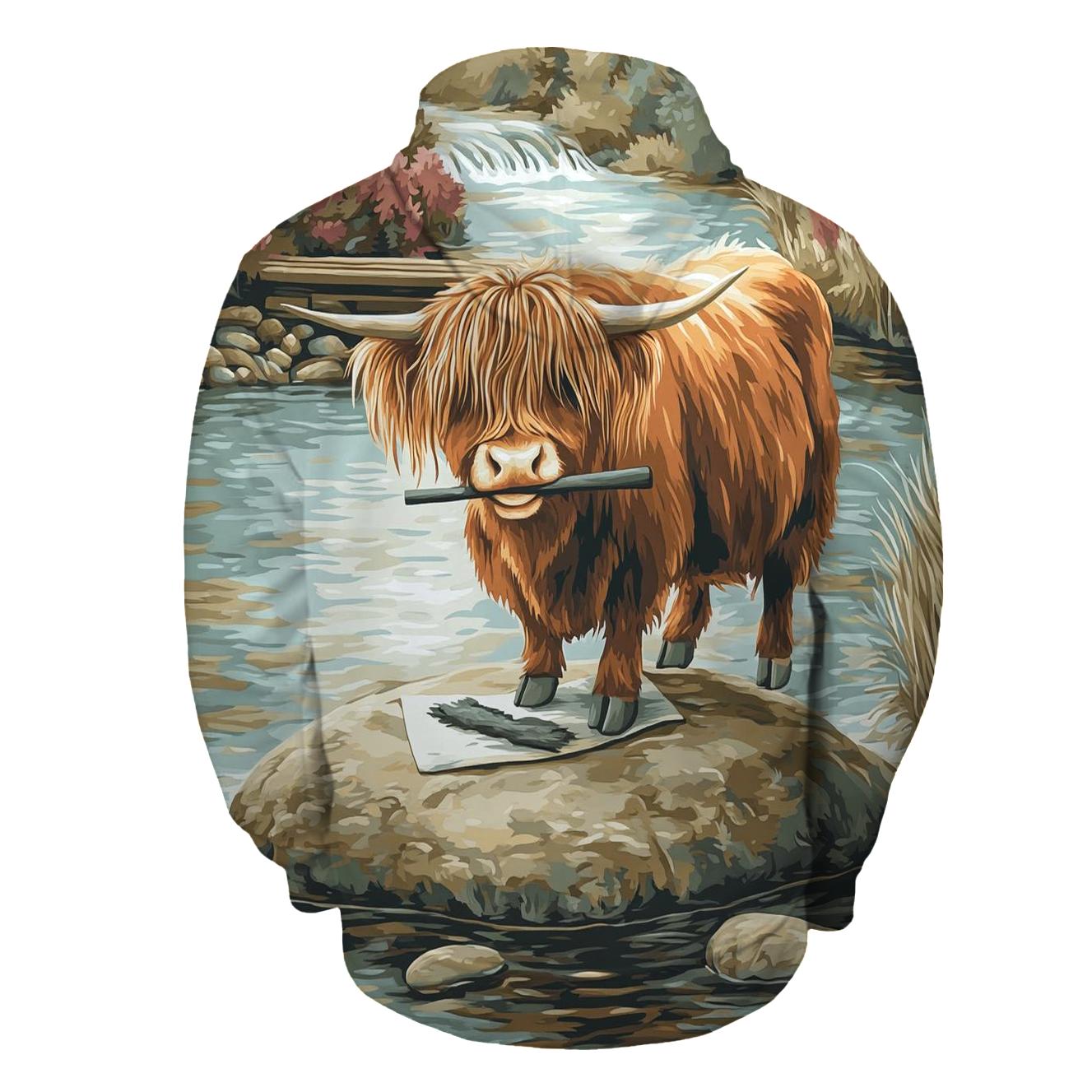 River Sketcher Highland Cow Portrait printed hoodies