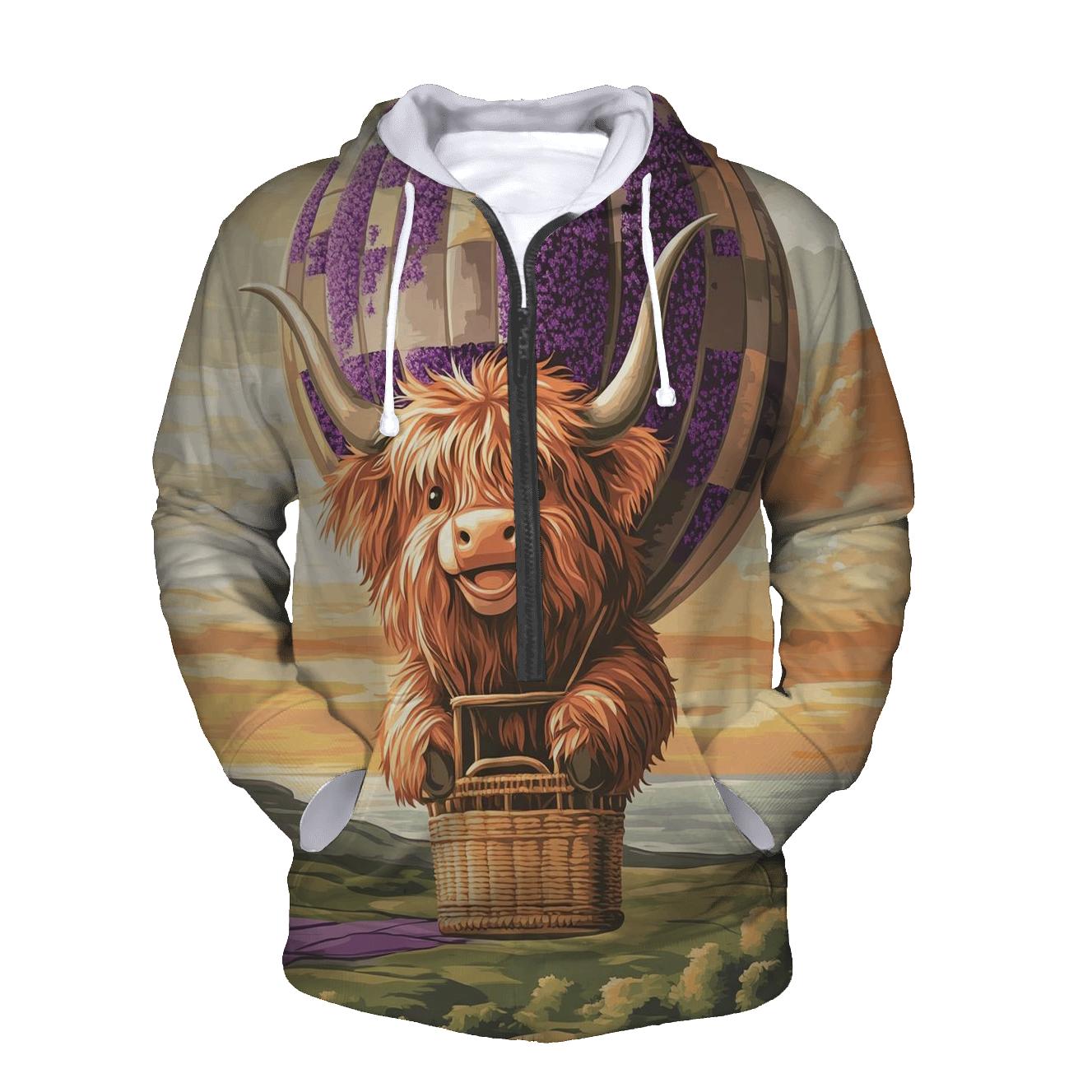 Highland Cow In Heather Hot Air Balloon embroidered hoodies